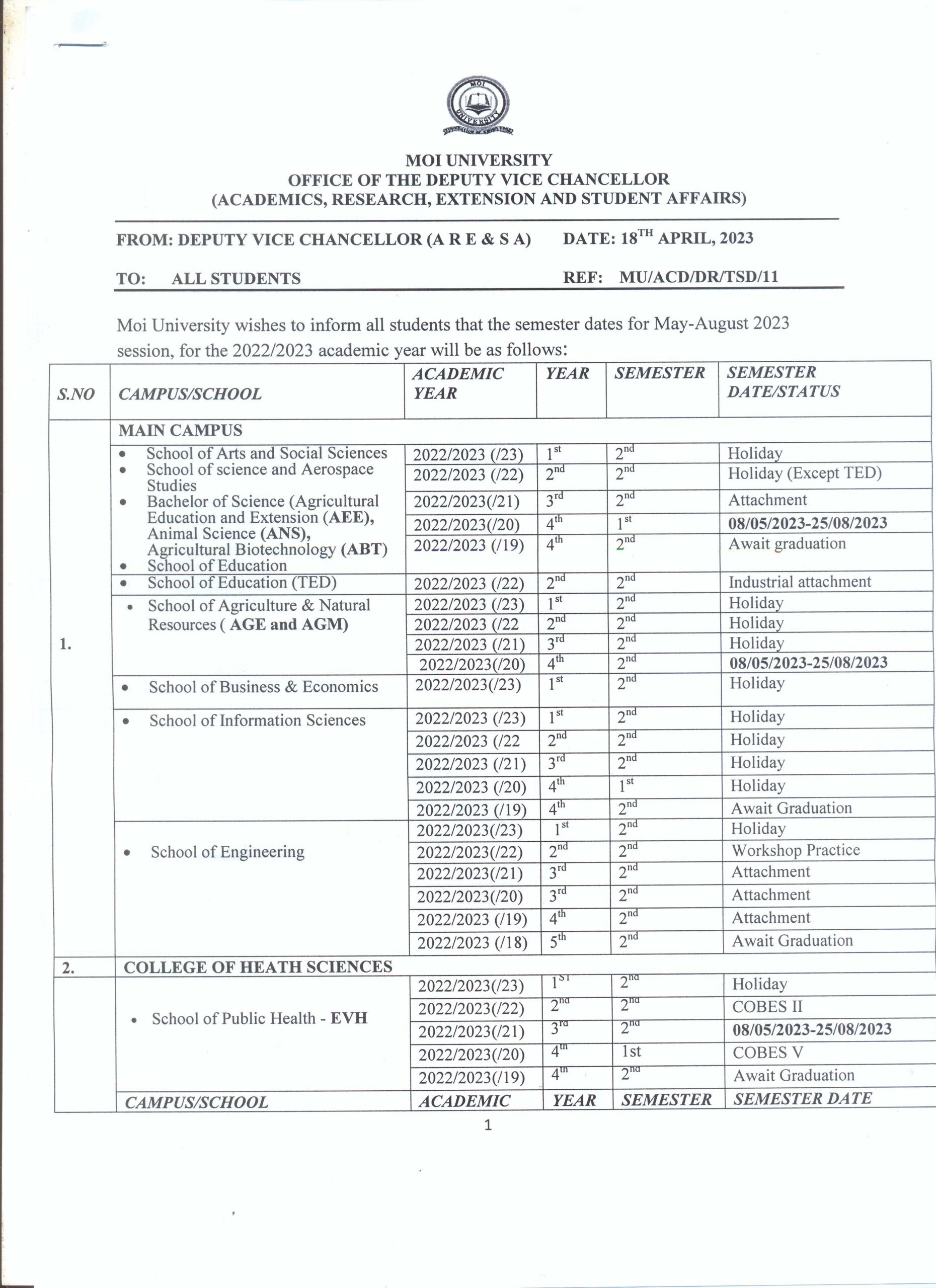 Moi University Academic Calendar 2023 Academic Session - 1