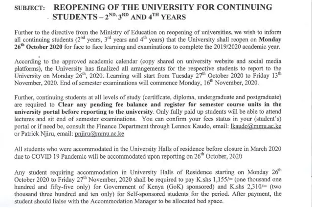 Multimedia University of Kenya 2020 Reopening Dates