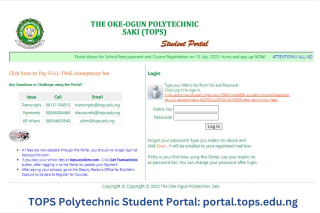 TOPS Polytechnic Student Portal portal.tops.edu.ng