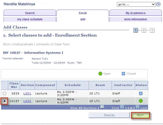 Select classes to add Enrollment page Opens.