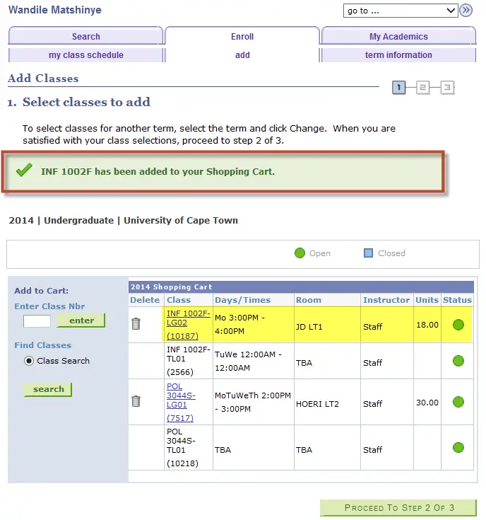 Select classes to add Enrollment page Opens.