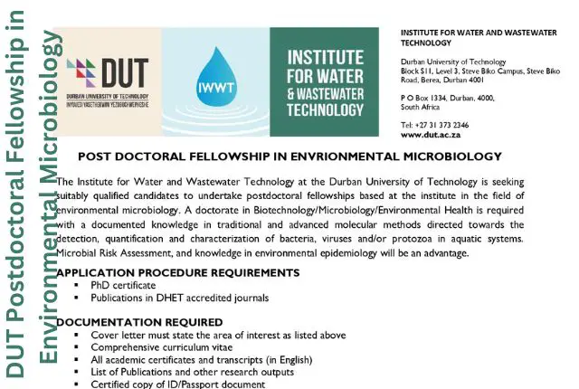 DUT Postdoctoral Fellowship in Environmental Microbiology 2024