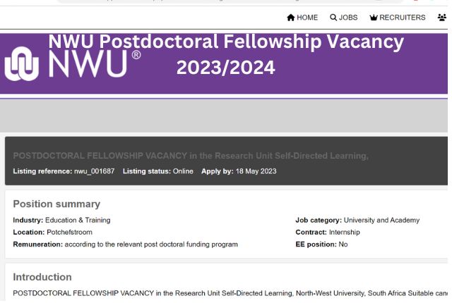 NWU Postdoctoral Fellowship Vacancy 20232024