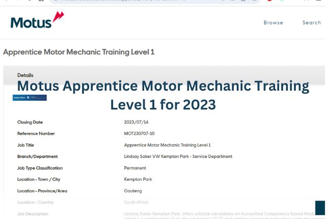 Motus Apprentice Motor Mechanic Training Level 1 for 2023