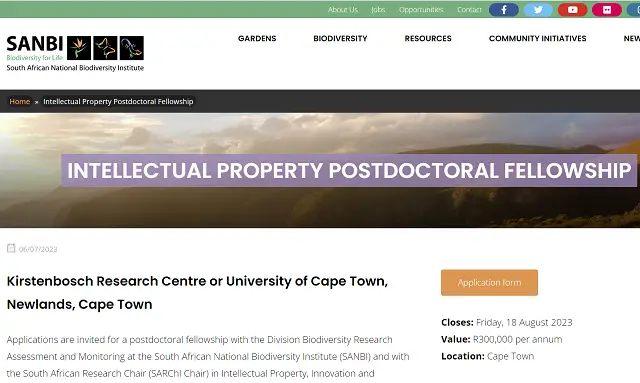 SANBI Intellectual Property Postdoctoral Fellowship 2024