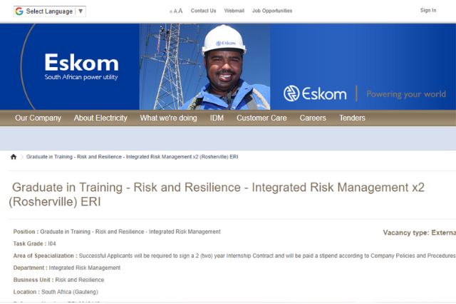 Eskom Graduate in Training Integrated Risk Management Programme 2023