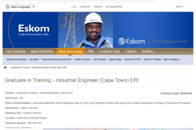 Eskom Industrial Engineer Graduate in Training Programme 2023