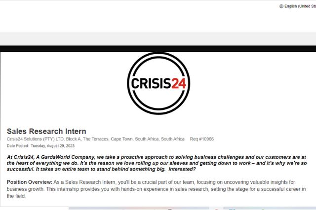Sales Research Internship at Crisis24 Solutions 2023