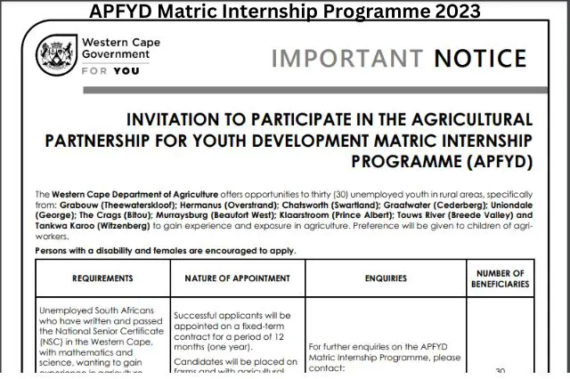APFYD Matric Internship Programme 2023