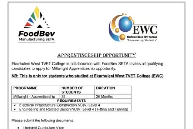 "Grasp the Exclusive Millwright Apprenticeship at Ekurhuleni West TVET College!"

