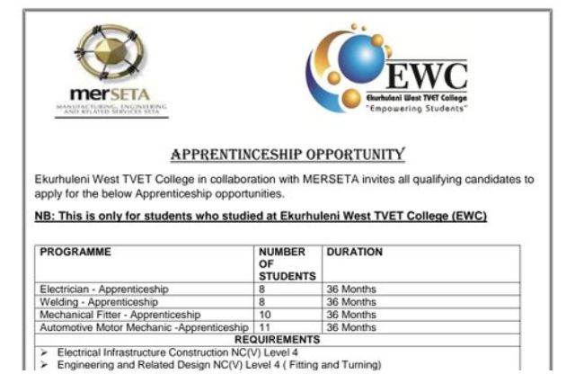 Apprenticeship Openings at Ekurhuleni West TVET College with MERSETA