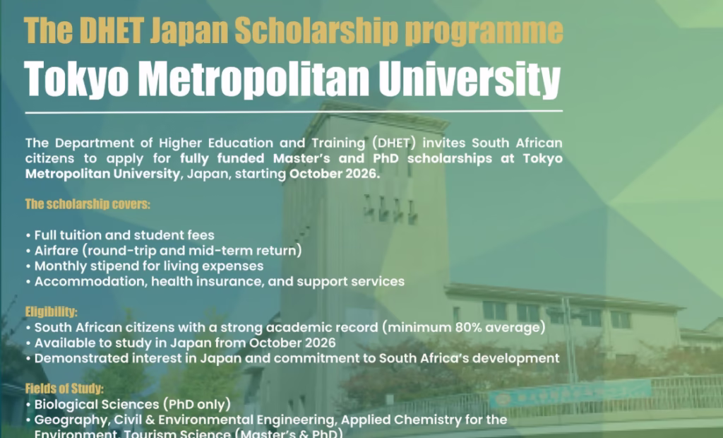 The 2026 DHET Japan Scholarship Programme for South Africans to Study Master’s and PhD in Japan at Tokyo Metropolitan University (Fully Funded) is now open.