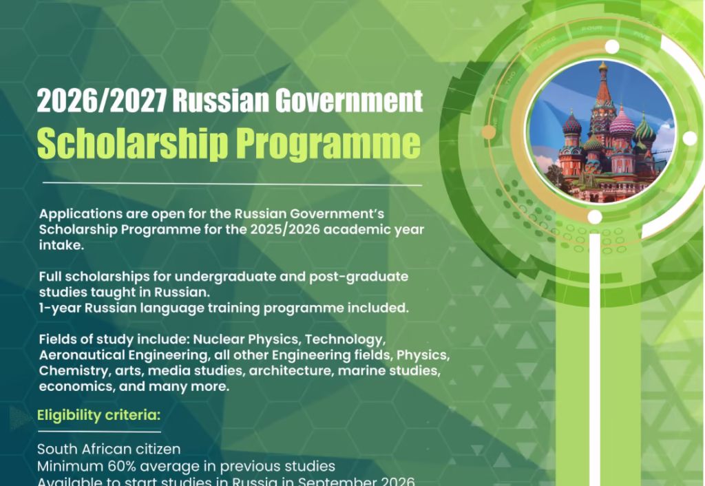The 2026/27 Russian Government Scholarship Programme for South Africans is now open.